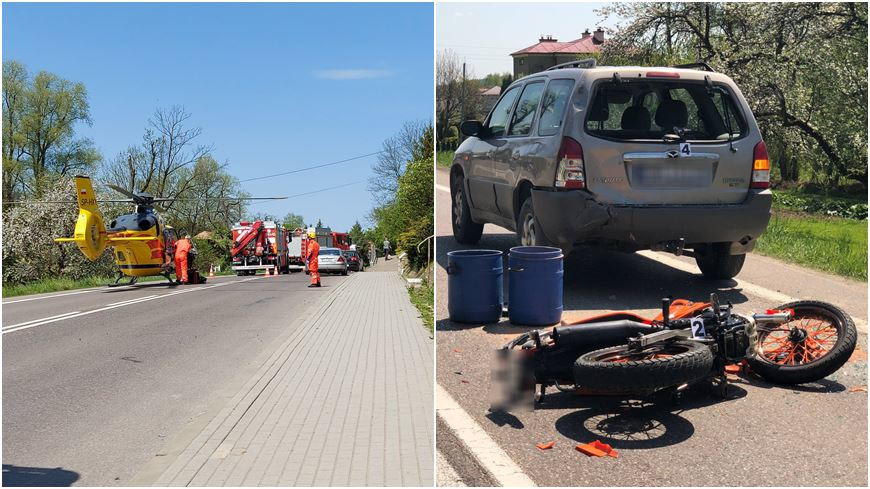 Wypadek w Pakoszówce. Do poszkodowanego motocyklisty wezwano śmigłowiec Lotniczego Pogotowia Ratunkowego [FILM] [ZDJĘCIA]