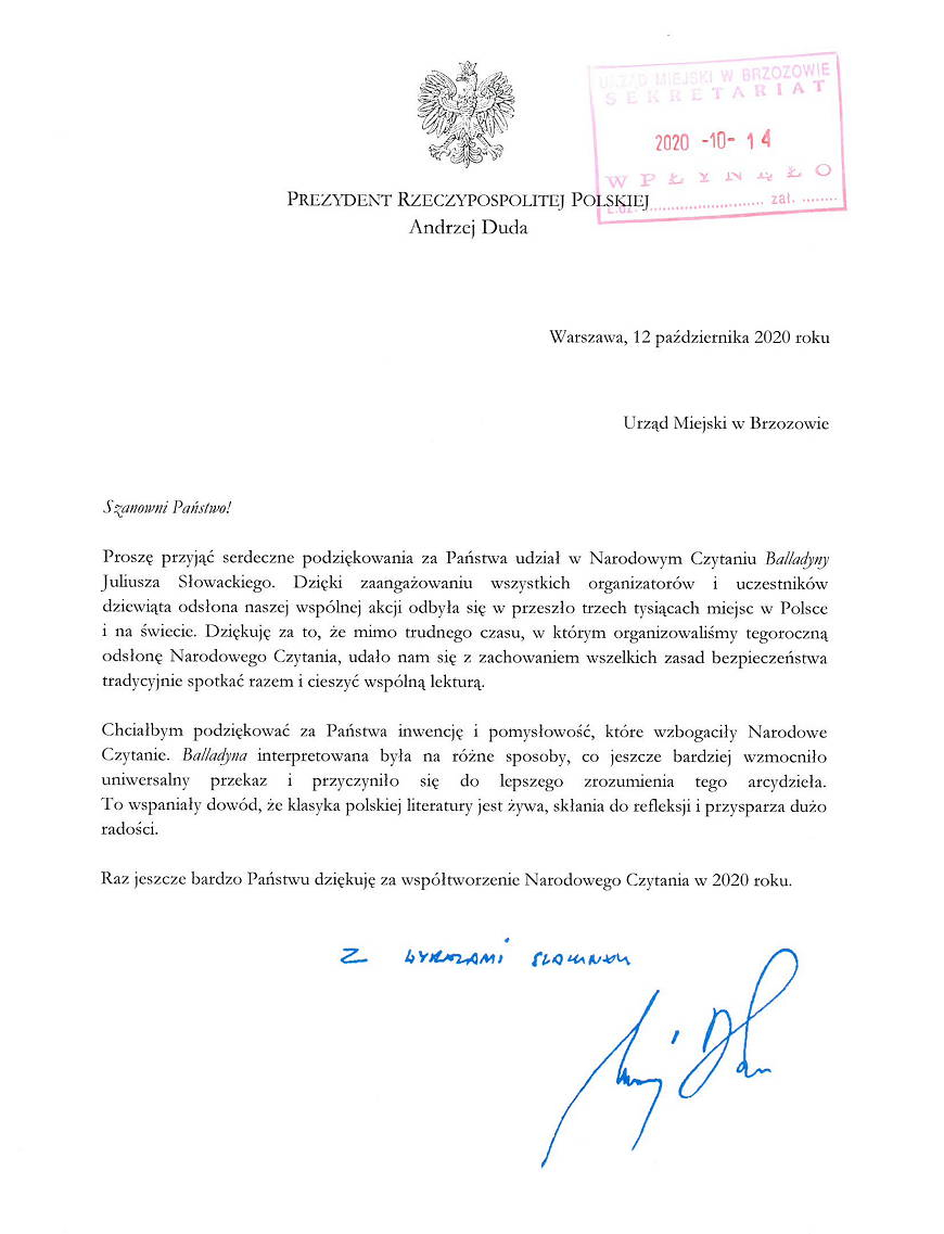 Podziękowanie Prezydenta Rzeczypospolitej Polskiej za udział w Narodowym Czytaniu