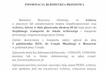 Informacja Burmistrza Brzozowa dotycząca bezpłatnego transportu dla osób niepełnosprawnych w związku ze zbliżającymi się wyborami parlamentarnymi